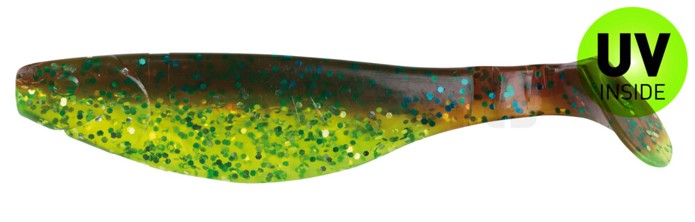 000212B054 Kopyto-River 4" (ca. 11,0 cm) grün (chartreuse)-Glitter / motoroil Glitter