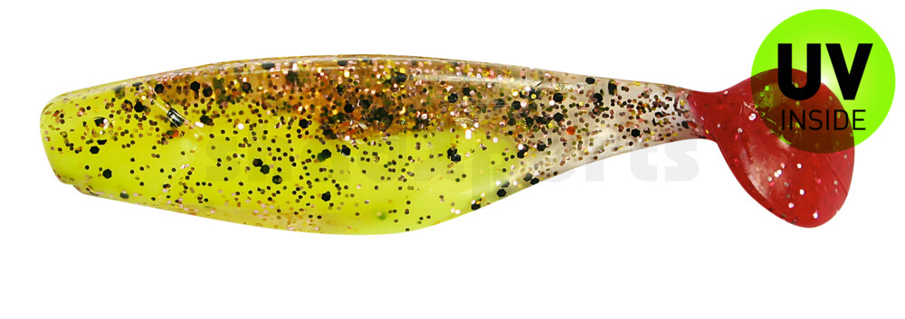 000408B150RT Shad 3" (ca. 8,0 cm) fluogelb  / klar kupfer, schwarz Glitter / red tail