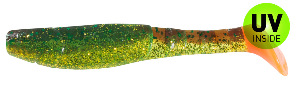 000211B054RT Kopyto-Classic 4" (ca. 11,0 cm) grün (chartreuse)-Glitter / motoroil Glitter / red tail