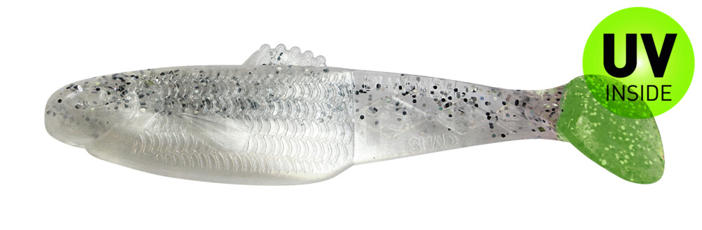 001413B004LT Diamond Shad 5" (ca. 13,5 cm) perlweiss / klar salt´n pepper Glitter / Lime Tail