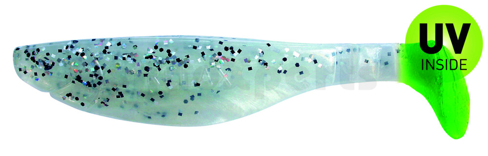 000212B004LT Kopyto-River 4" (ca. 11,0 cm) perlweiss / klar salt´n pepper Glitter / Lime Tail