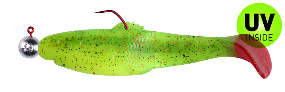 001413MB002RT-12 Diamond Shad 5" (ca. 13,5 cm) fluogelb  / grün-Glitter / Red Tail, montiert auf HBA 5/0 12g