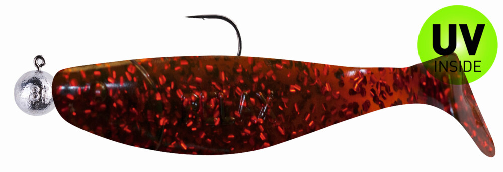 000310M298-10 Jankes 4" (ca. 11,0 cm) motoroil-rot-Glitter, montiert auf SXRO 6/0 10g