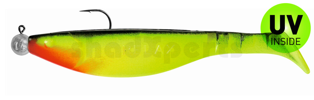 000216M056-14 Kopyto-River 6" (ca. 16,0 cm) fluogelb / schwarz, montiert auf MUXRO 10/0 10g
