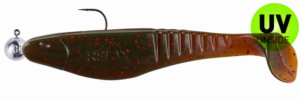 000812M298-14 Shark 4" (ca. 11,0 cm) motoroil-rot-Glitter, montiert auf SXRO 6/0 10g