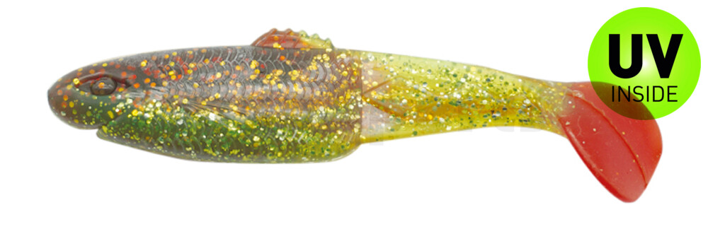 001413B054RT Diamond Shad 5" (ca. 13,5 cm) grün (chartreuse)-Glitter / motoroil Glitter / red tail