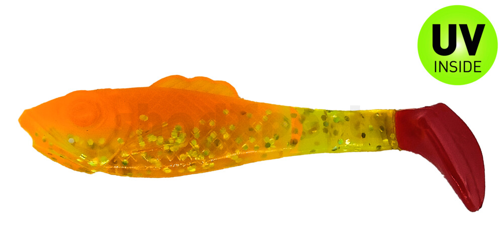 003308B141RT Super Shad 3" (ca. 8 cm) orange-Glitter / fluogrün-Glitter / Red Tail