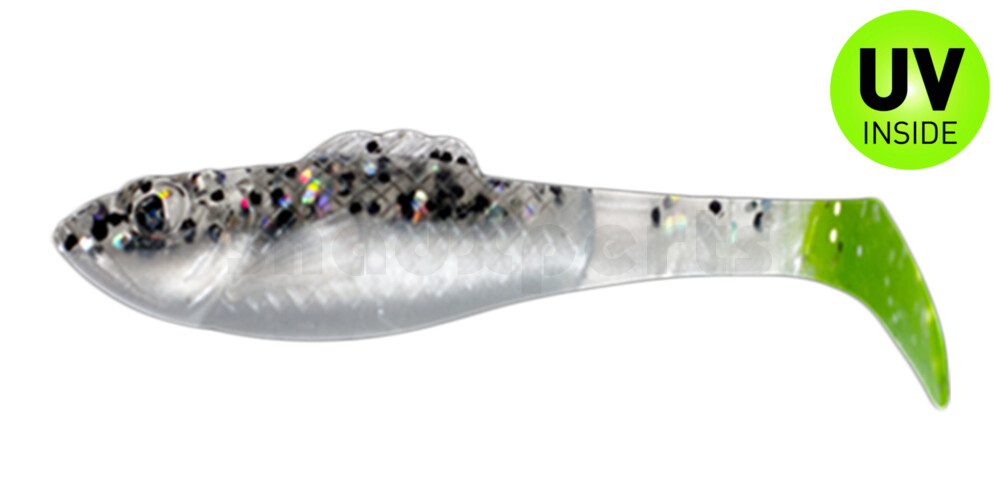 003308B004LT Super Shad 3" (ca. 8 cm) perlweiss / klar salt´n pepper Glitter / Lime Tail