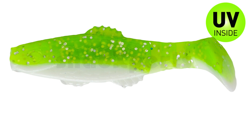 001008B125 Killer Shad 3" (ca. 8,0 cm) reinweiss / grün-Glitter