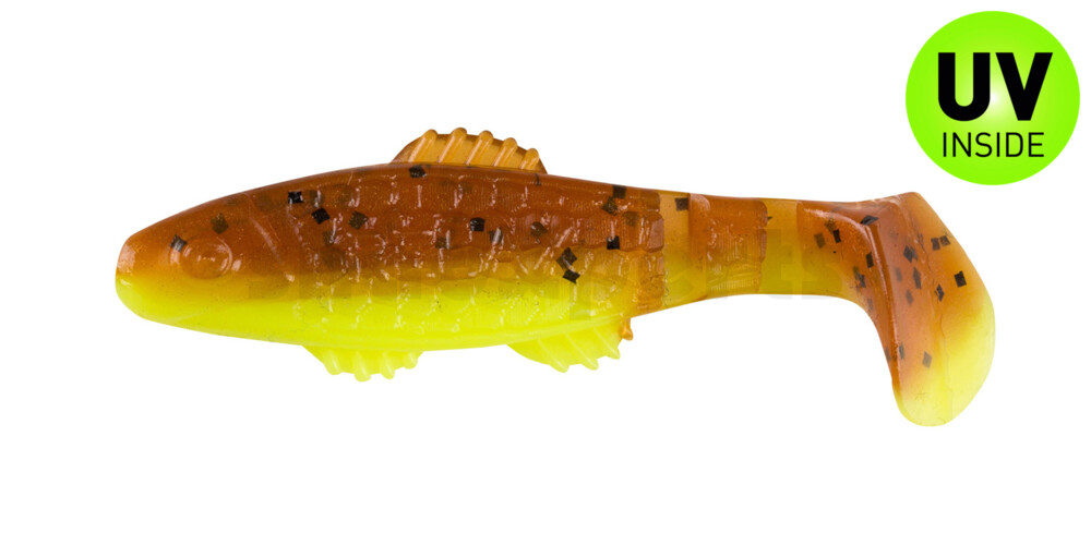 001005B110 Killer Shad 2" (ca. 5,0 cm) fluogelb  / olivebraun-Glitter