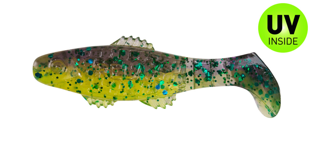 001005B113 Killer Shad 2" (ca. 5,0 cm) grün (chartreuse)-Glitter / blau-violett Glitter
