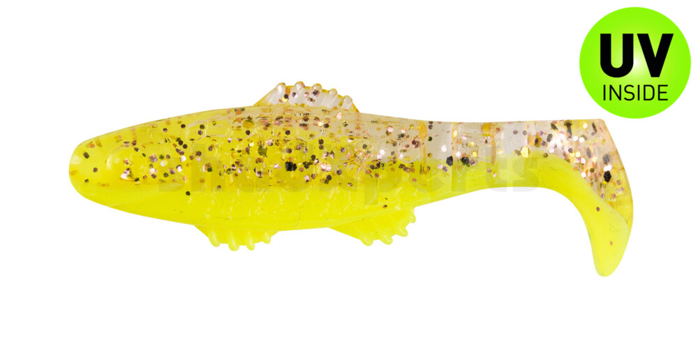 001005B150 Killer Shad 2" (ca. 5,0 cm) fluogelb  / klar kupfer, schwarz Glitter