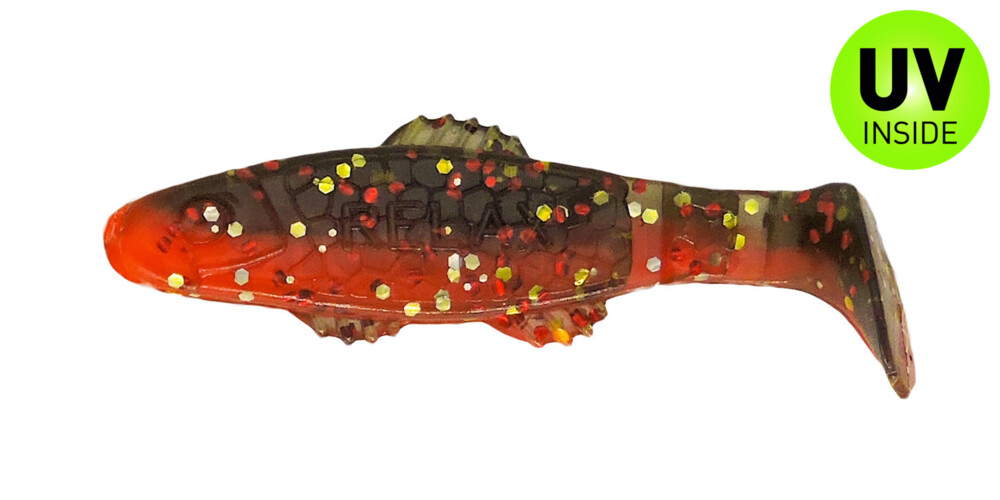 001005B317 Killer Shad 2" (ca. 5,0 cm) feuerrot / schwarz rot-gold Glitter