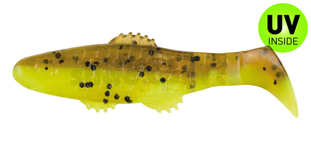 001008B110 Killer Shad 3" (ca. 8,0 cm) fluogelb  / olivebraun-Glitter