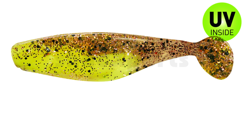 000408B150 Shad 3" (ca. 8,0 cm) fluogelb  / klar kupfer, schwarz Glitter