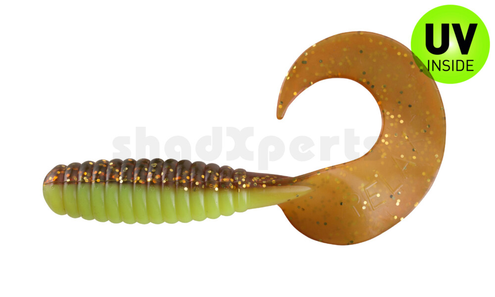 000513B110 Xtra Fat Grub 5,5" laminiert (ca. 13,0 cm) fluogelb  / olivebraun-glitter
