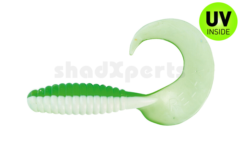 000513B125 Xtra Fat Grub 5,5" laminiert (ca. 13,0 cm) reinweiss / grün-Glitter