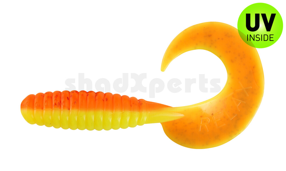 000513B033 Xtra Fat Grub 5,5" laminiert (ca. 13,0 cm) fluogelb  / orange-silber glitter