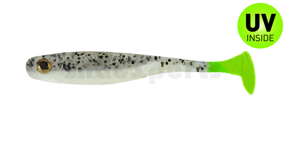 004118B004LT Suicide Shad 7" (ca. 17 cm) im Hartschalenblister perlweiss / klar salt´n pepper Glitter / Lime Tail
