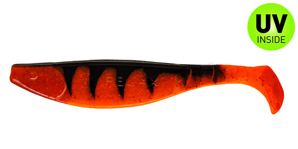 000216-122Z Kopyto-River 6" (ca. 16,0 cm) fluoorange Glitter / Zander / red tail