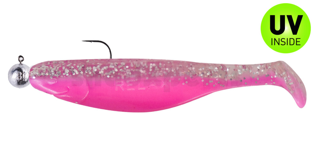 000212MB300-10 Kopyto-River 4" (ca. 12,0 cm) bubblegum / klar silber Glitter, montiert auf SXRO 6/0 10g